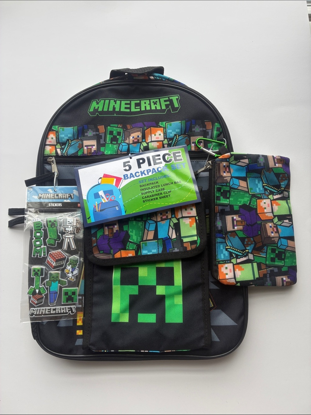 Minecraft 5-Piece Kids Backpack Set - Black & Green
